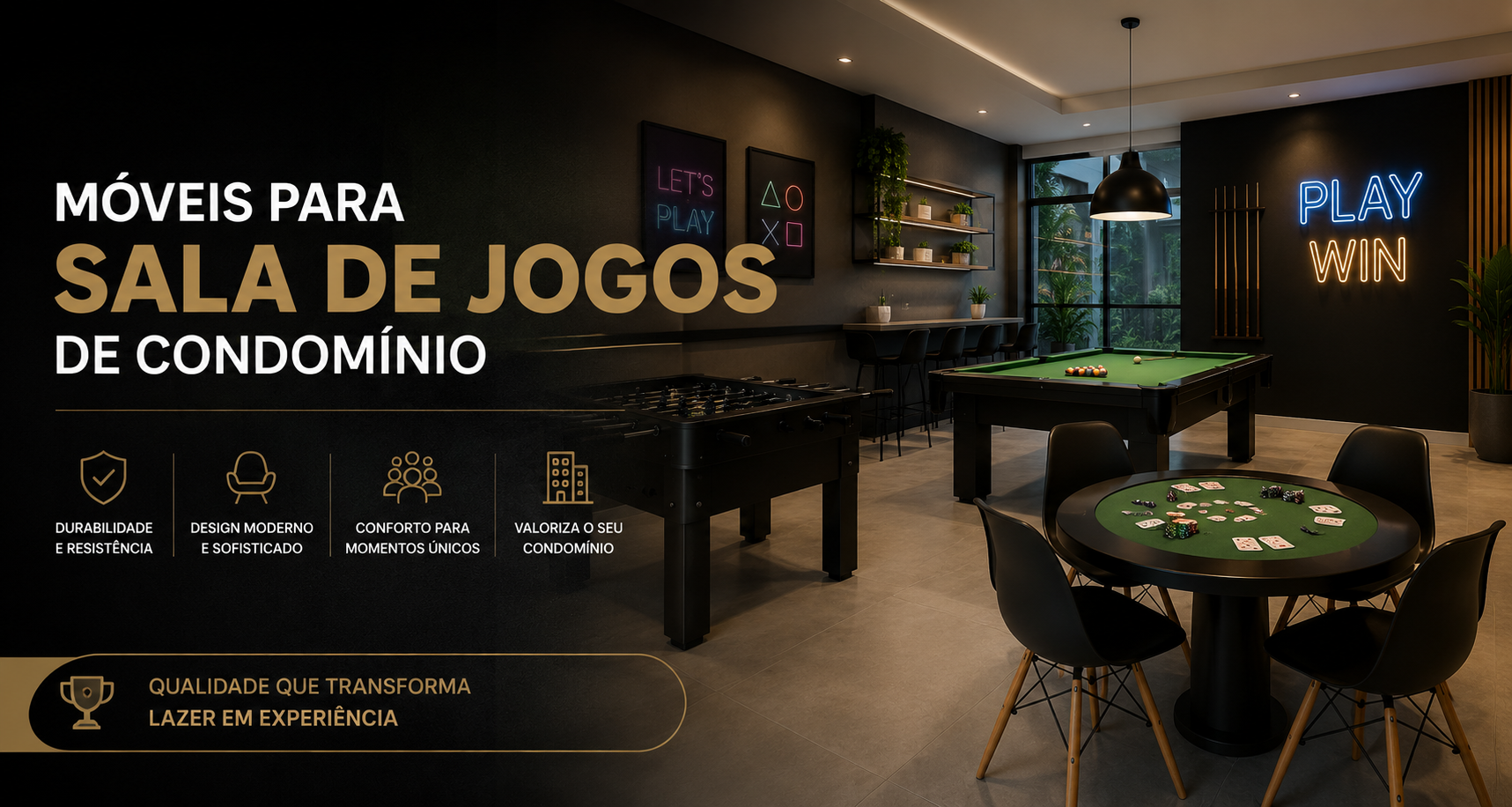 Móveis para sala de jogos de condomínio: conforto, resistência e layout que não vira bagunça